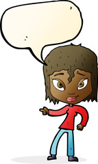 cartoon relaxed woman pointing with speech bubble