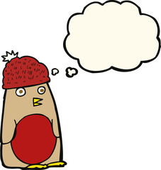cartoon robin in hat with thought bubble