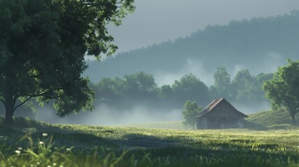 Misty morning fog rolling over a tranquil countryside. - Powered by Adobe