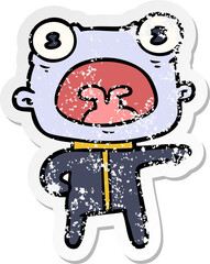 distressed sticker of a cartoon weird alien communicating