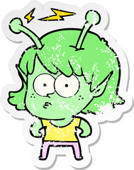 distressed sticker of a cartoon alien girl
