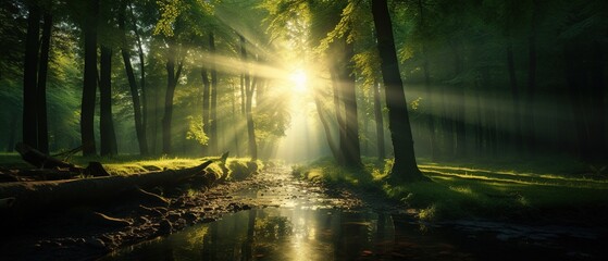 Beautiful forest, forest in evening light with fog in summer, the sun shines brightly through the tree, Natural Sunlight, And Sun Rays Through Wood
