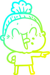 cold gradient line drawing cartoon happy old woman