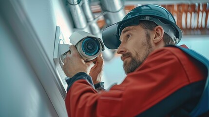 Men installing security camera inside the house. Generative AI.