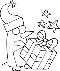 black and white cartoon christmas penguin with present