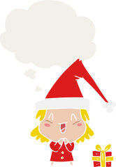 cartoon girl wearing christmas hat and thought bubble in retro style