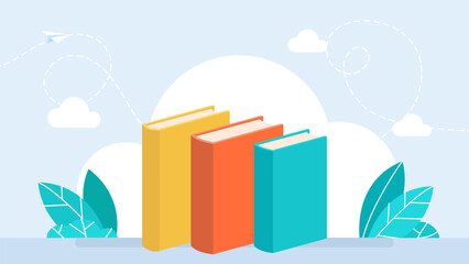 Stacks of books for reading, pile of textbooks for education. Knowledge, learning and education concept design. Set of literature, dictionaries, encyclopedias, planners. Vector illustration