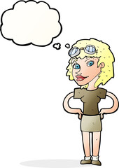 cartoon retro pilot woman with thought bubble