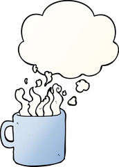 cartoon hot cup of coffee and thought bubble in smooth gradient style