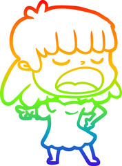 rainbow gradient line drawing cartoon woman talking loudly