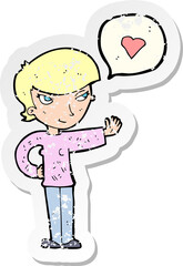 retro distressed sticker of a cartoon woman in love