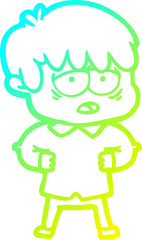 cold gradient line drawing cartoon exhausted boy