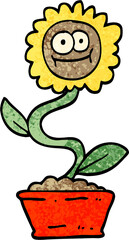 grunge textured illustration cartoon flower in pot