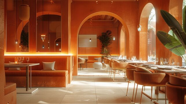 Inside of a contemporary restaurant with terracotta wall color. Generative AI.