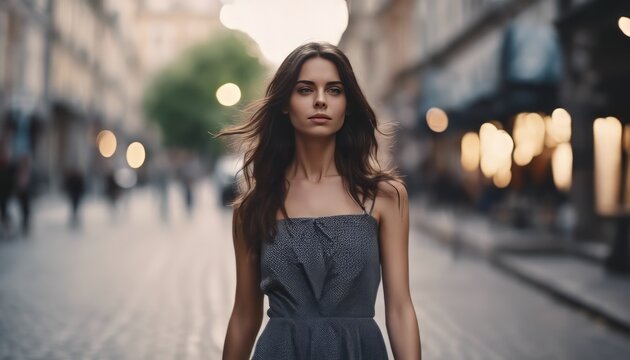 Beautiful brunette young woman wearing dress and walking on the street