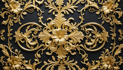 Close-up of an ornate golden baroque pattern with intricate details and shadows on a dark background, showcasing luxurious design