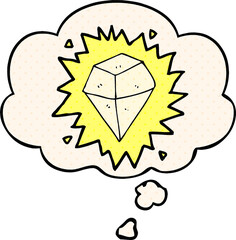 cartoon shining crystal and thought bubble in comic book style