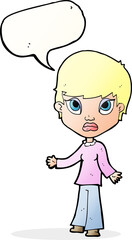 cartoon woman shrugging shoulders with speech bubble