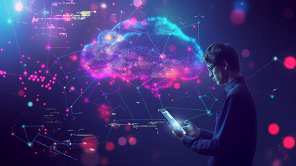Cloud computing concept with man using tablet computer on dark background