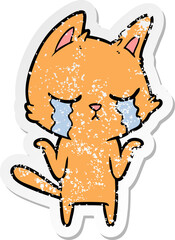 distressed sticker of a crying cartoon cat shrugging