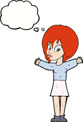 cartoon woman with open arms with thought bubble