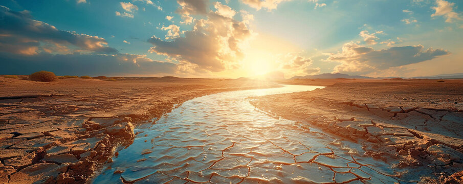 Dry river in a desert parched flow under scorching sun