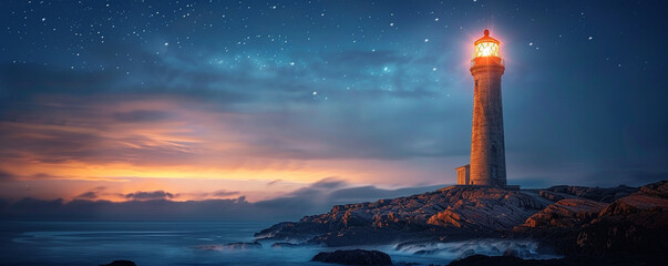 Star flickering beside a lighthouse guiding lights in sync - obrazy, fototapety, plakaty