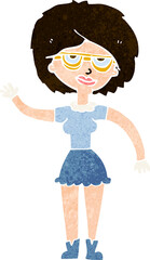 cartoon waving woman wearing spectacles