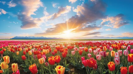 Blooming pink tulips with sunset and clouds over a field - obrazy, fototapety, plakaty