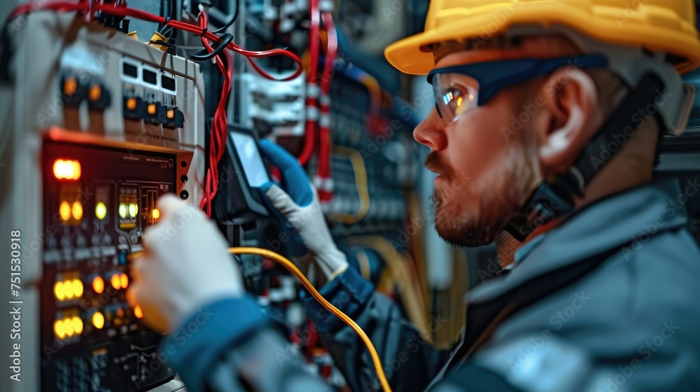 Poster professional electrician measuring the current flow in an electrical panel using an ammeter. generat