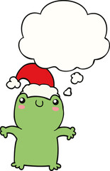 cute cartoon frog wearing christmas hat and thought bubble