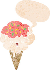cartoon ice cream and speech bubble in retro textured style