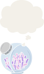 cartoon candy in jar and thought bubble in retro style