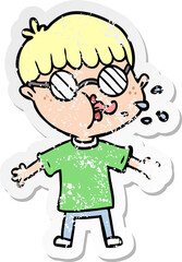 distressed sticker of a cartoon boy wearing spectacles