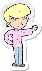 retro distressed sticker of a cartoon woman waving