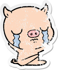 distressed sticker of a cartoon sitting pig crying