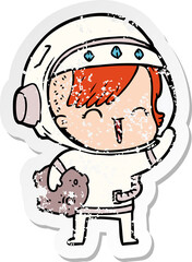 distressed sticker of a cartoon happy spacegirl holding moon rock