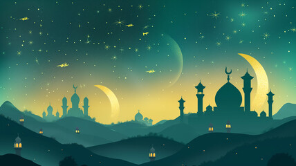 Ramadan Kareem's background with mosque and moon. Illustration