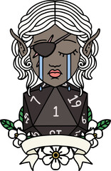 crying elf rogue character with natural one D20 roll illustration