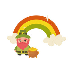 St patrick's day, cute leprechaun with pot of gold on rainbow background, . vector illustration on white background for greeting card, t-shirt, apparel,