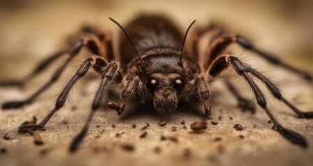 Fototapeta premium Close-up of a large, hairy spider with sharp eyes and long legs