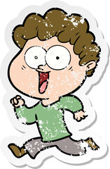 distressed sticker of a cartoon happy man