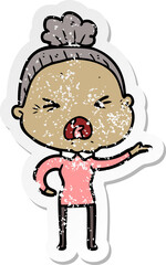 distressed sticker of a cartoon angry old woman