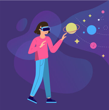Woman using a virtual reality VR headset, looking at outer space, cosmos with planets and rockets and touch. Vector illustration in flat style. VR technology on dark background.	
