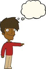 cartoon happy man pointing with thought bubble