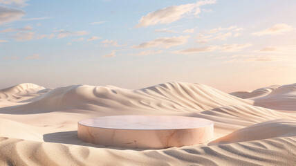 Wooden round podium in the desert.