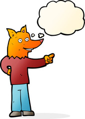 cartoon fox man pointing with thought bubble