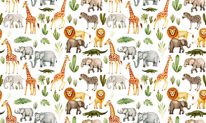 cute jungle animals on white water color background seamless repeating pattern tile	 - obrazy, fototapety, plakaty
