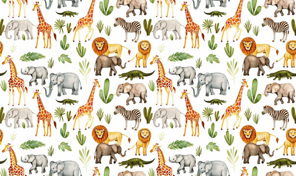 cute jungle animals on white water color background seamless repeating pattern tile	