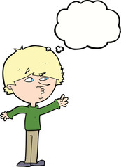 cartoon worried man reaching with thought bubble